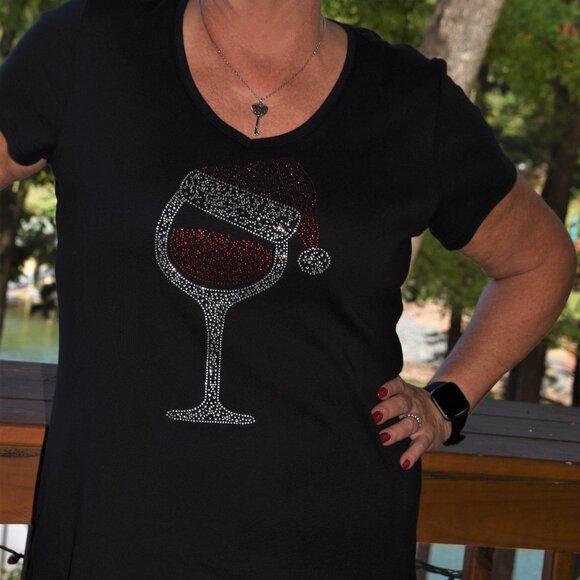 Christmas Wine Glass rhinestone bling VN SS shirt XS S M L XL XXL 1X 2X 3X 4X 5X - Picture 2 of 9